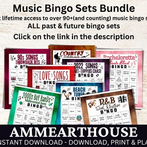 May include: A collection of colorful printable music bingo cards. The cards feature different music themes, including 90s songs, love songs, country, beach tunes, R&B, and 2000s boy bands. The cards are designed with a vintage aesthetic and include the text "AMMEARTHOUSE" and "INSTANT DOWNLOAD - DOWNLOAD, PRINT & PLAY".