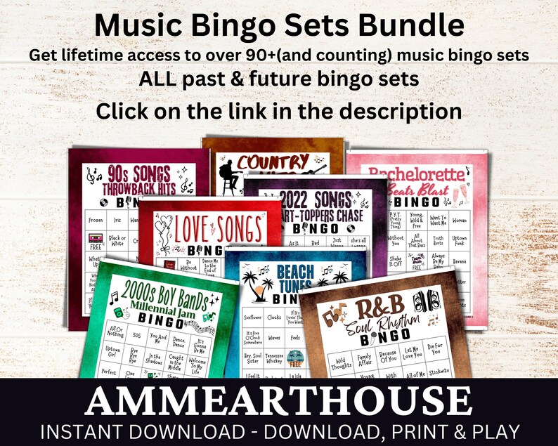 May include: A collection of colorful printable music bingo cards. The cards feature different music themes, including 90s songs, love songs, country, beach tunes, R&B, and 2000s boy bands. The cards are designed with a vintage aesthetic and include the text "AMMEARTHOUSE" and "INSTANT DOWNLOAD - DOWNLOAD, PRINT & PLAY".