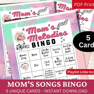 5 moeders liedjes bingospelkaart, moeders verjaardagsmuziek, mama-feestthema-activiteit, mama-vieringsbijeenkomst, moederdagmelodie PDF