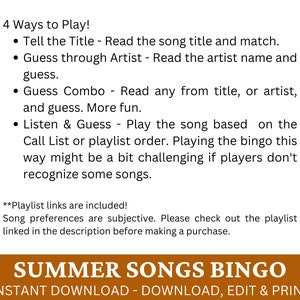May include: A printable summer songs bingo card with instructions on how to play. The text on the card reads "Summer Songs Bingo" and "Instant Download - Download, Edit & Print".