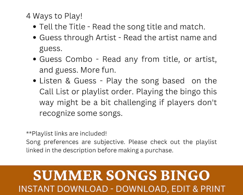 May include: A printable summer songs bingo card with instructions on how to play. The text on the card reads "Summer Songs Bingo" and "Instant Download - Download, Edit & Print".