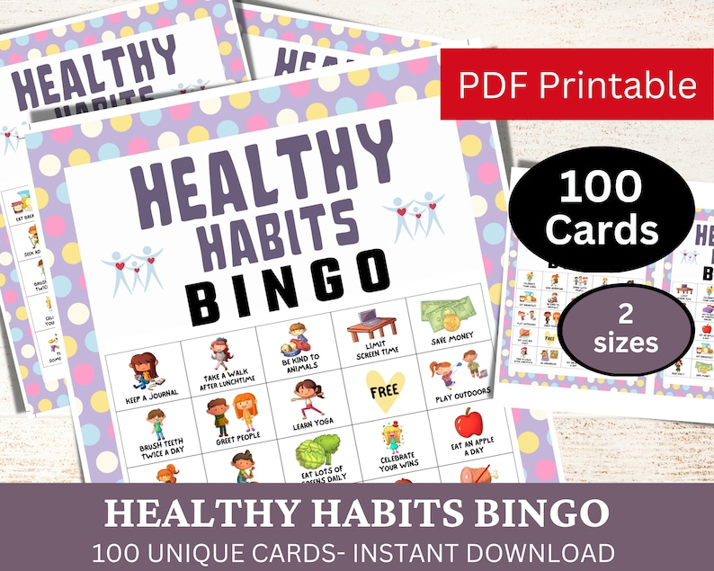 100 Healthy Habits Bingo Game Card for Kid and Adult, Good Practice Activity, Self-Care Game Printable, Love Yourself Game, Mental Health image 1
