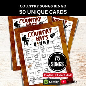 Country Music Songs Bingo 50 Cards, Music Party Activity with Playlist, Family Night Gathering Printable Game, Western Birthday Bash Bingo