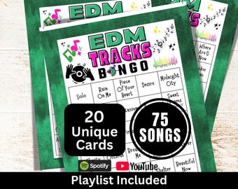 EDM Songs Bingo 20 Cards, Electronic Dance Music Bingo, Groove Party Music Bingo with Playlist, Friend Gathering Activity, Trivia Night Game