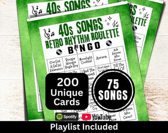 1940s Songs Bingo 200 Card, 40s Music Bingo with Playlist for Senior, Family Reunion Party Game, Retro Birthday Theme Gathering Activity
