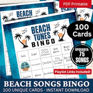 Beach Songs Bingo Spiel 100 Karten, Urlaubsmelodien Aktivität, Musik unter dem Motto Sommer, College Reunion Party Night, Familien-Geburtstags-Gathering-Spiel