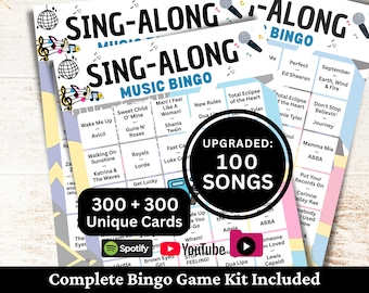 Bingo musical para cantar, 300 tarjetas, 100 listas de reproducción de canciones incluidas, juego imprimible en PDF, descarga instantánea.