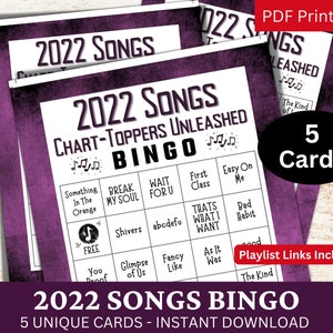 5 2022 Songs Bingo Game Card, Music Bingo z playlistą dla dorosłych, Family Reunion Party Night, Friends Birthday Theme Gathering Activity