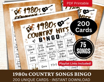 Bingo de canciones country de los años 80, 200 cartas, actividad divertida para fiestas familiares, juego PDF de reunión temática occidental, bingo de música clásica con lista de reproducción