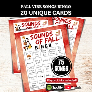 Carte de bingo 20 chansons avec chansons d&#39;automne, Bingo musical d&#39;automne avec liste de lecture, Rassemblement d&#39;anniversaire de jeu à imprimer avec musique, Activité de fête entre amis en famille