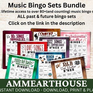 May include: A collection of printable music bingo cards with various themes, including 90s songs, love songs, country, beach tunes, R&B, and bachelorette beats. The cards feature colorful backgrounds and playful graphics. The text "AMMEARTHOUSE" is displayed at the bottom of the image.