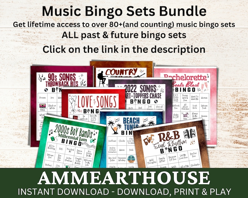 May include: A collection of printable music bingo cards with various themes, including 90s songs, love songs, country, beach tunes, R&B, and bachelorette beats. The cards feature colorful backgrounds and playful graphics. The text "AMMEARTHOUSE" is displayed at the bottom of the image.