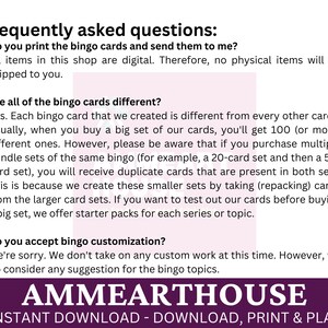 Puede incluir: Preguntas frecuentes sobre las tarjetas de bingo digitales. El texto indica que todos los art&iacute;culos son digitales y que no se enviar&aacute;n art&iacute;culos f&iacute;sicos. Tambi&eacute;n explica que cada tarjeta de bingo es &uacute;nica y que varios conjuntos pueden contener tarjetas duplicadas. El texto tambi&eacute;n menciona que hay paquetes de inicio disponibles para cada serie o tema. El texto tambi&eacute;n indica que las tarjetas de bingo personalizadas no est&aacute;n disponibles en este momento, pero se agradecen las sugerencias de temas de bingo. El texto est&aacute; en un esquema de color morado y blanco con las palabras "AMMEARTHOUSE" y "DESCARGA INSTANT&Aacute;NEA - DESCARGAR, IMPRIMIR Y JUGAR" en una fuente m&aacute;s grande.