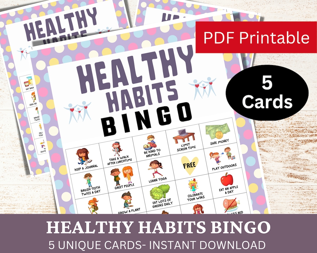 5 Healthy Habits Bingo Game Card for Kid and Adult, Good Practice