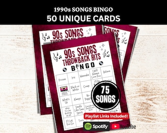Throwback 90s Songs Bingo 50 Cards, 1990s Timeless Music Activity with Playlist, Family Gathering Game, Birthday Party PDF for Retro Lovers