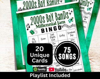 2000s Boy Bands Songs Bingo Game 20 Card, Y2K Millennial Music Bingo with Playlist, 00s Gathering Activity for Adult, Family Reunion Party