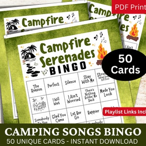 Camping Songs Bingo 50 Card, Summer Journey Music com jogo de lista de reprodução, atividade de festa para impressão para adultos em viagem ao ar livre, aniversário em família