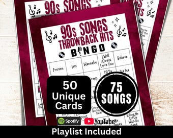 Bingo con 50 carte di canzoni retrò degli anni &#39;90, attività musicale senza tempo degli anni &#39;90 con playlist, gioco per riunioni di famiglia, PDF per feste di compleanno per gli amanti del retrò