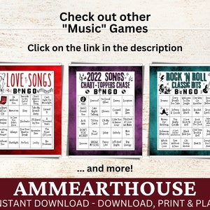 Puede incluir: Tres tarjetas de bingo imprimibles con diferentes temas musicales: Canciones de amor, Canciones del Top 2022 y Cl&aacute;sicos del Rock 'n' Roll. Cada tarjeta tiene un fondo rojo, morado o azul con texto e im&aacute;genes blancas.