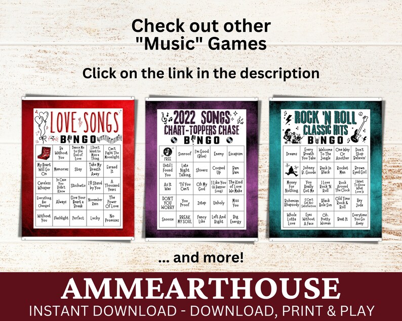 Puede incluir: Tres tarjetas de bingo imprimibles con diferentes temas musicales: Canciones de amor, Canciones del Top 2022 y Cl&aacute;sicos del Rock 'n' Roll. Cada tarjeta tiene un fondo rojo, morado o azul con texto e im&aacute;genes blancas.