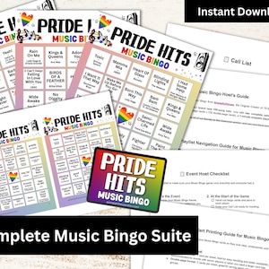 K&ouml;nnte beinhalten: Eine Sammlung von Pride Hits Music Bingo-Karten und zugeh&ouml;rigen Materialien. Die Bingokarten zeigen Songtitel und regenbogenfarbene Herzen. Die Worte "PRIDE HITS MUSIC BINGO" sind deutlich sichtbar. Der Satz "Sofort-Download" ist ebenfalls zu sehen.