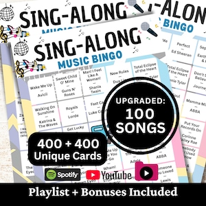 Op de afbeelding: Sing-Along Music Bingo-spelkaarten met songtitels. De kaarten bevatten de tekst "Sing-Along Music Bingo", "Upgraded: 100 Songs" en "400 + 400 Unique Cards". Inclusief Spotify, YouTube en andere bonussen.