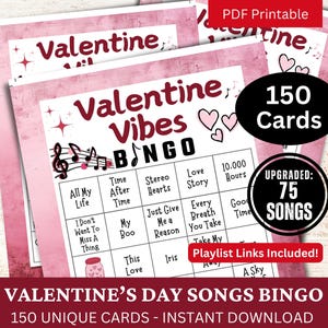 Bingo di canzoni di San Valentino 150 carte, attività di quiz musicali sull'amore, festa di raccolta di melodie a tema cuore, gioco di musica romantica con playlist