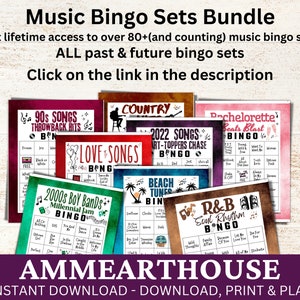 May include: A collection of printable music bingo cards with various themes, including 90s songs, love songs, country, beach tunes, R&B, and 2000s boy bands. The cards are colorful and feature music-themed icons. The text "AMMEARTHOUSE" is displayed at the bottom of the image, along with the text "INSTANT DOWNLOAD - DOWNLOAD, PRINT & PLAY".