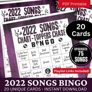 2022 Songs Bingo Game 20 Card, Music Bingo z playlistą dla dorosłych, Family Reunion Party Night, Friends Birthday Theme Gathering Activity