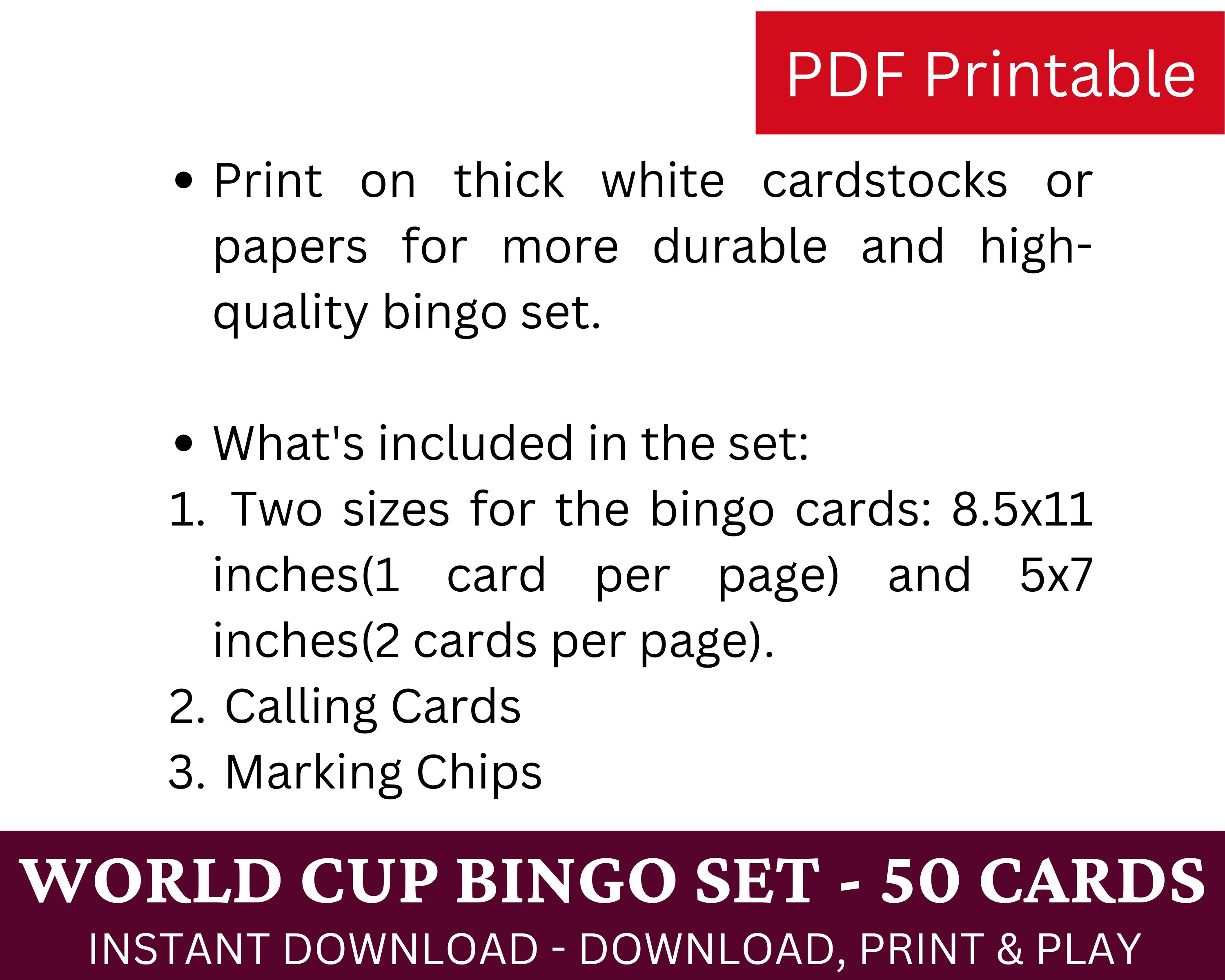 50 World Cup Bingo Game Card for Adult and Kids, Country Map Flag Set, Printable Soccer Watch