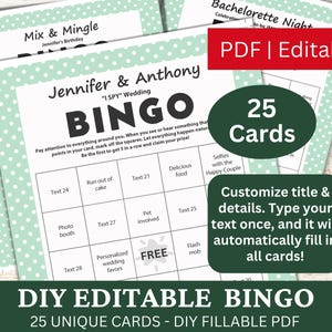 25 PDF de plantilla editable de bingo pastel turquesa, tarjetas de juego de bingo rellenables con bricolaje, relleno automático personalizado, personalizado haga su propio bingo
