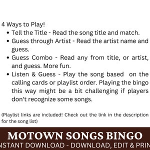 R&B Soul Pop Songs Bingo 50 Cards, Fun Family Holiday Party Activity, Senior Gathering Game PDF Printable, Classic Music Bingo with Playlist image 4