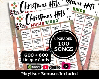 Bingo de Música de Sucessos de Natal, 600 Cartões, 100 Playlists de Músicas Inclusas, Jogo em PDF para Imprimir, Download Instantâneo