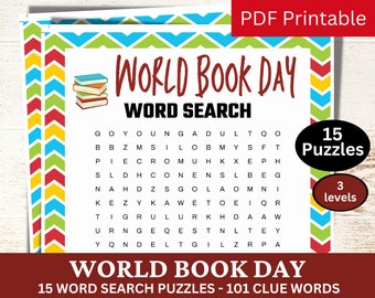 15 World Book Day Themed Word Search Puzzle Games, Book Lovers Club Activity, Springtime School Classroom Party, Bookish Brain Teaser Game
