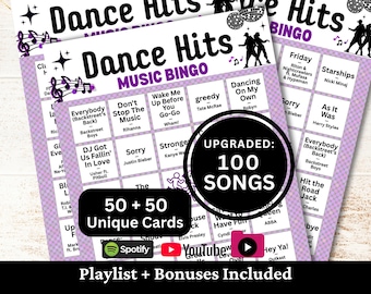 Dance Hits Music Bingo, 50 Cards, 100 Songs Playlists Included, Singalong Party, Printable PDF Game, Instant Download