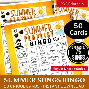 50 tarjetas de bingo con canciones de verano, actividad para reuniones de cumpleaños familiares, música con temática de picnic de verano con lista de reproducción, juego de fiesta de reunión universitaria