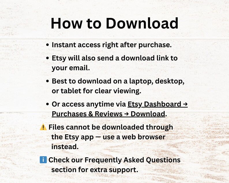 May include: White background with the text "How to Download" and bullet points detailing the download process. Instructions include instant access, email link, and accessing via Etsy Dashboard.