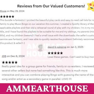May include: Reviews from customers about a Music Bingo game. The game includes play cards, call lists, and Spotify playlists. The reviews highlight the game's suitability for families and groups, as well as the seller's excellent customer service.