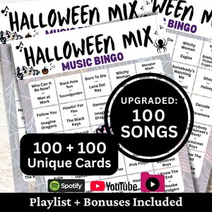 Printable Halloween Mix Music Bingo game featuring 100 popular spooky and fun songs from classic and modern hits. Includes 100 + 100 unique bingo cards with Halloween-themed designs, perfect for parties, classrooms, fundraisers, and community events. Comes with Spotify, YouTube, and offline playlists, plus bonus extras for easy play and festive entertainment.