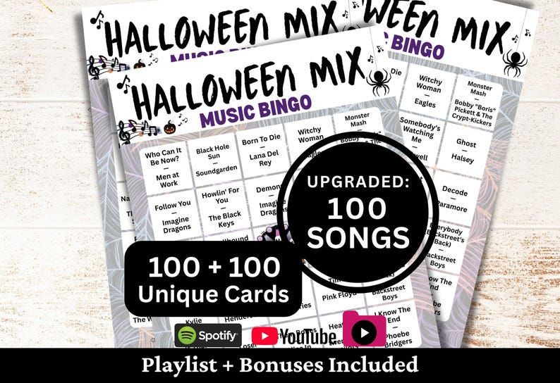 Printable Halloween Mix Music Bingo game featuring 100 popular spooky and fun songs from classic and modern hits. Includes 100 + 100 unique bingo cards with Halloween-themed designs, perfect for parties, classrooms, fundraisers, and community events. Comes with Spotify, YouTube, and offline playlists, plus bonus extras for easy play and festive entertainment.