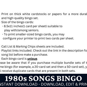 Jeu de bingo avec chansons classiques des années 80, 50 cartes, activité musicale intemporelle, jeu imprimable pour soirée familiale, PDF d'anniversaire pour les amateurs de rétro image 4
