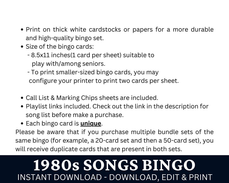 Jeu de bingo avec chansons classiques des années 80, 50 cartes, activité musicale intemporelle, jeu imprimable pour soirée familiale, PDF d'anniversaire pour les amateurs de rétro image 4