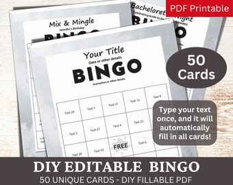 50 Editable Bingo Watercolor Gray Template PDF, DIY Fillable Game Cards, Custom Automatically Fill, Personalized Make Your Own Generator