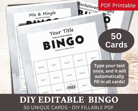 50 Editable Bingo Watercolor Gray Template PDF, DIY Fillable Game Cards, Custom Automatically Fill, Personalized Make Your Own Generator