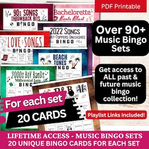 Pacote de conjuntos de bingo musical - 20 cartões de bingo exclusivos TODOS os conjuntos de bingo musical passados e futuros, bingo musical com lista de reprodução, acesso ao Google Drive