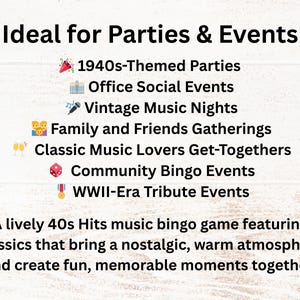 Ideal for 1940s-themed parties, office social events, vintage music nights, family and friends gatherings, classic music lovers get-togethers, community bingo events, and WWII-era tribute events. Perfect for adding nostalgic, music-filled fun to group celebrations big or small.