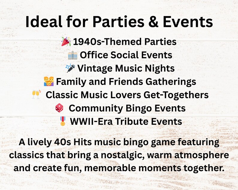 Ideal for 1940s-themed parties, office social events, vintage music nights, family and friends gatherings, classic music lovers get-togethers, community bingo events, and WWII-era tribute events. Perfect for adding nostalgic, music-filled fun to group celebrations big or small.