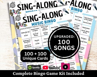Bingo musical para cantar, 100 tarjetas, 100 listas de reproducción de canciones incluidas, juego imprimible en PDF, descarga instantánea.