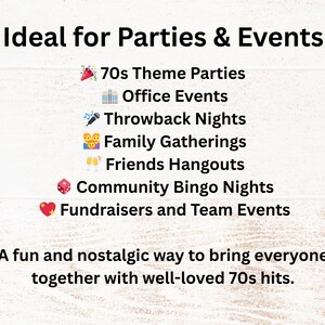 Ideal for 70s theme parties, office events, throwback nights, family gatherings, friends’ hangouts, community bingo nights, fundraisers, and team-building activities. Designed to bring groups together with nostalgic 1970s fun.