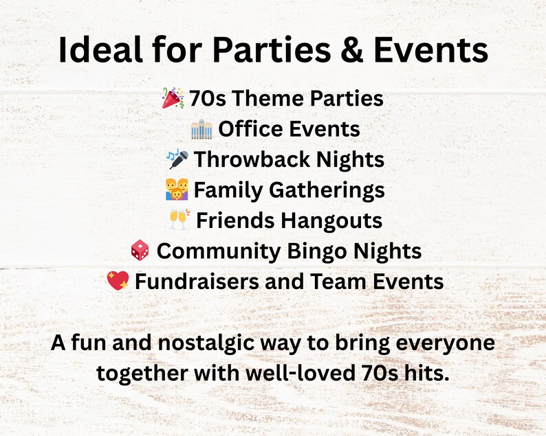 Ideal for 70s theme parties, office events, throwback nights, family gatherings, friends’ hangouts, community bingo nights, fundraisers, and team-building activities. Designed to bring groups together with nostalgic 1970s fun.
